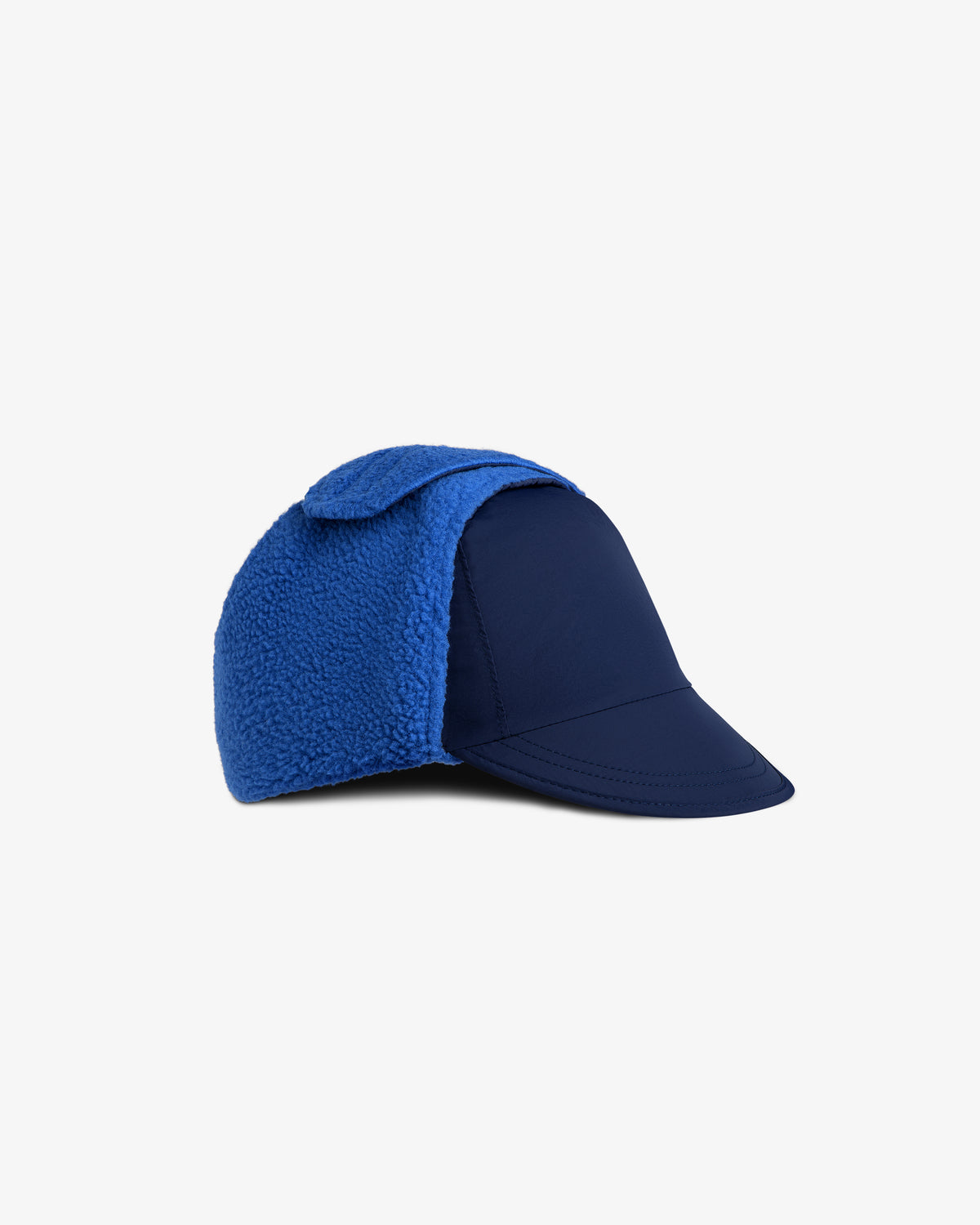 Fleece Lined Earflap Hat in navy blue with bright blue fleece earflaps.