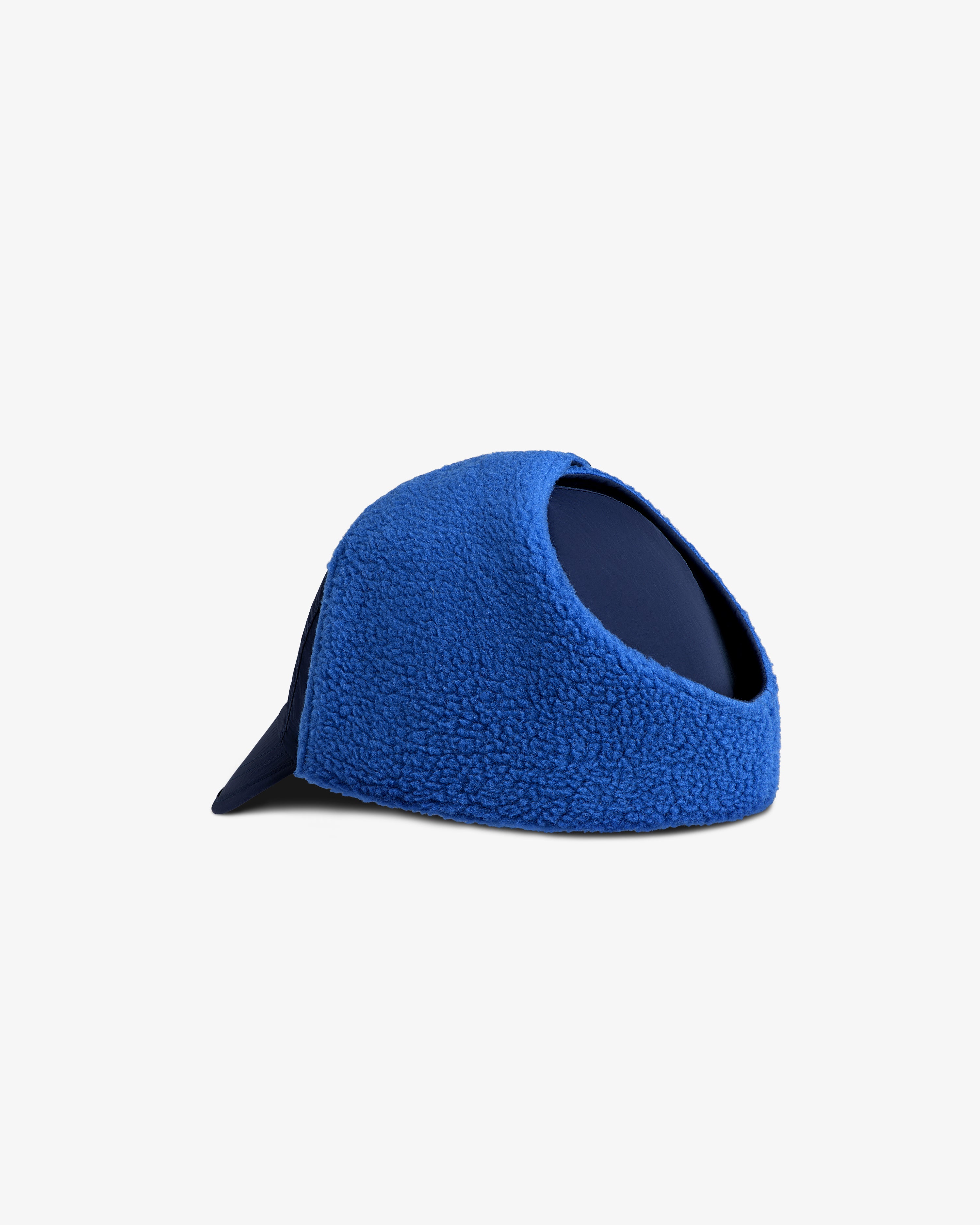 Blue Fleece Lined Earflap Hat with earflaps and a short brim.