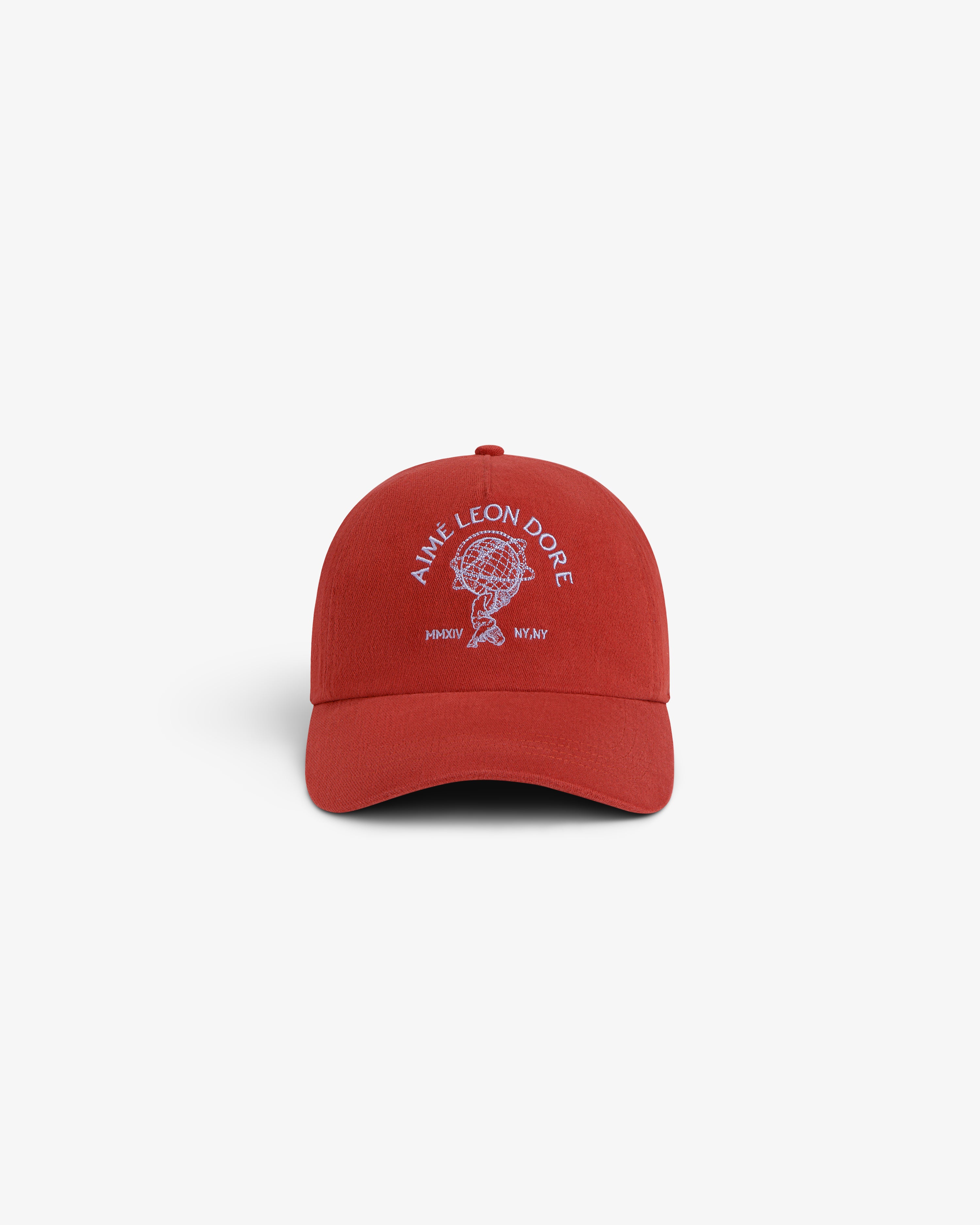 Red Atlas Logo Hat with an embroidered white globe logo and text on the front.