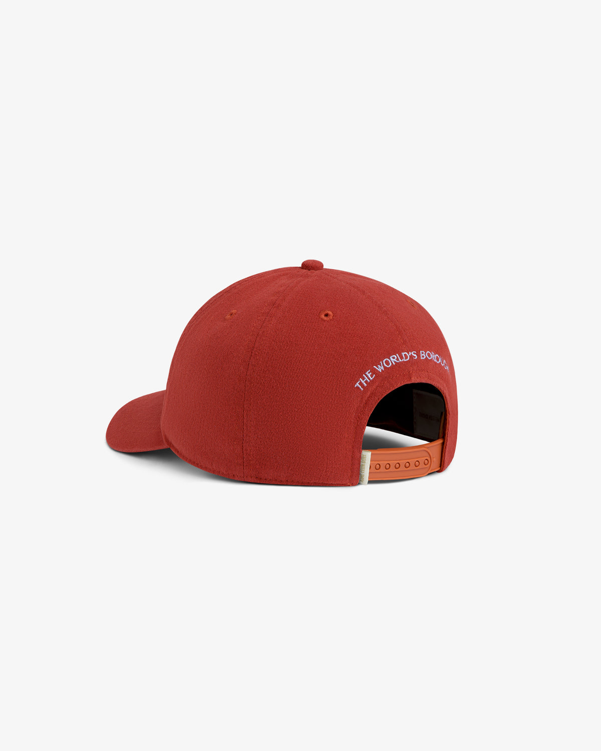 Red Atlas Logo Hat with THE WORLDS BOROUGH embroidered in white above the strap.
