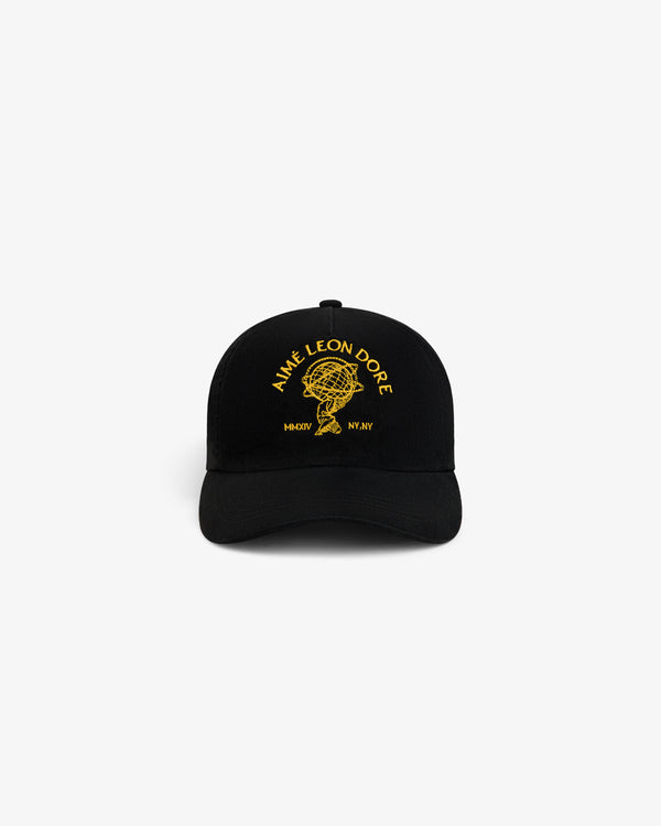 Atlas Logo Hat: a black baseball cap with gold embroidery of a globe and the text Aimé Leon Dore MM-XIV NY, NY.