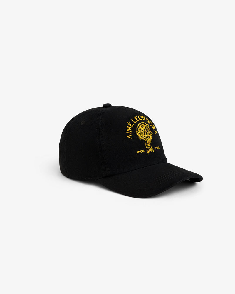Atlas Logo Hat, a black baseball cap with a yellow embroidered globe logo and text on the front.
