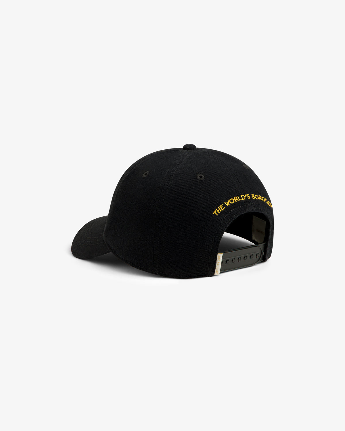 Atlas Logo Hat: black baseball cap with a snapback closure and yellow text reading THE WORLDS BOROUGH above the opening.