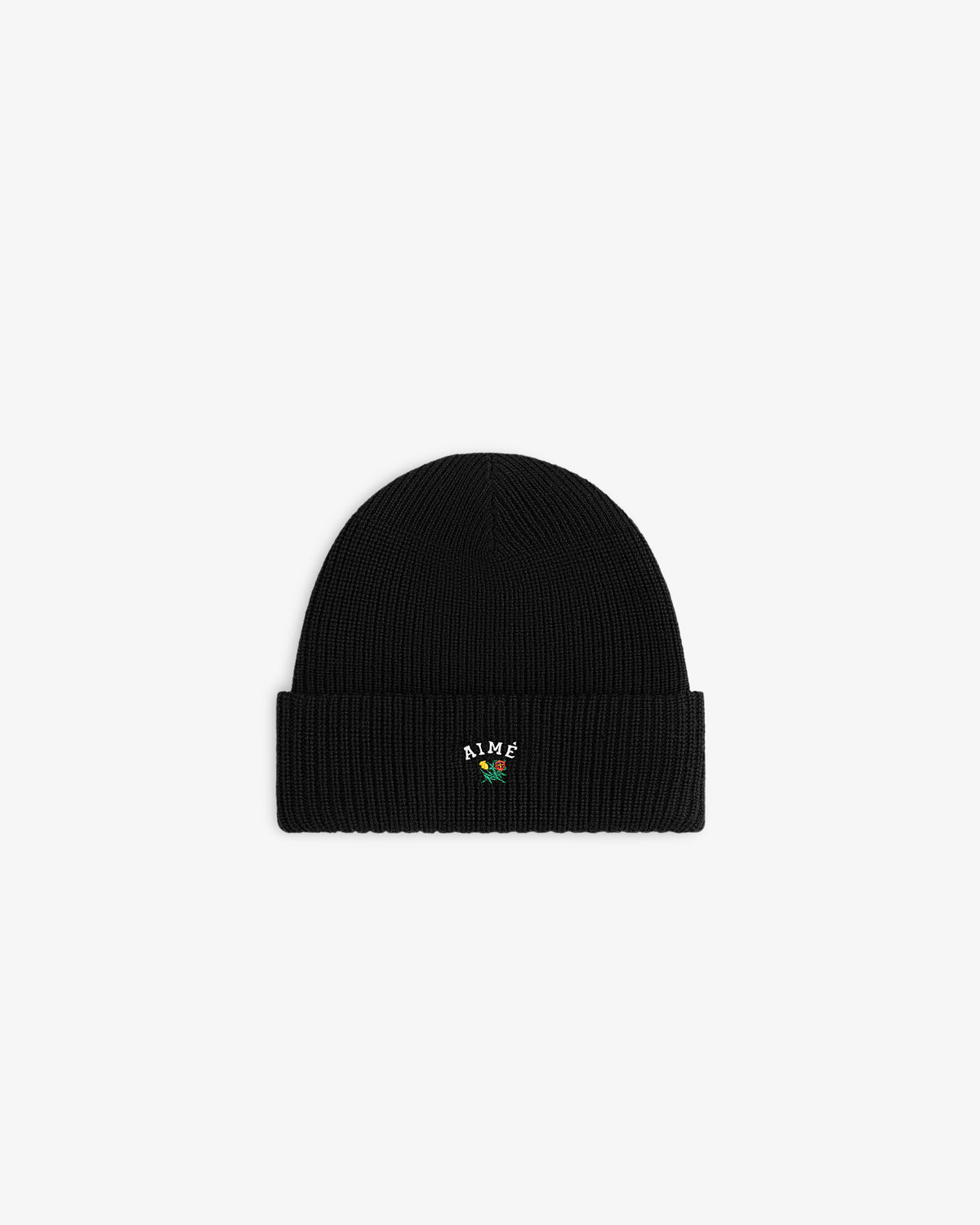 Crest Merino Wool Beanie: Black knit with folded brim, embroidered AIME logo, and a green leaf detail.