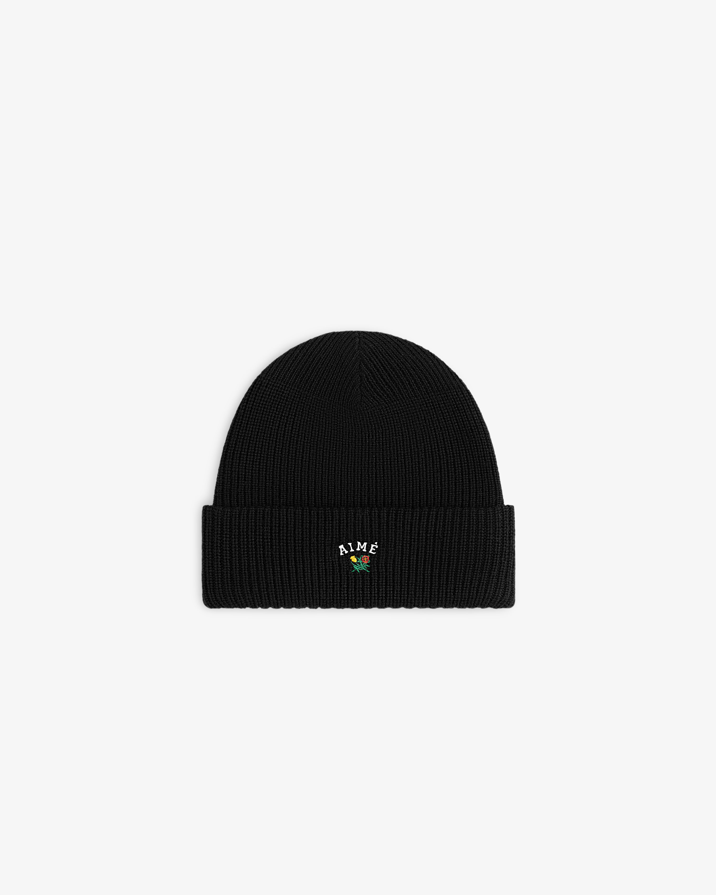 Crest Merino Wool Beanie: Black knit with folded brim, embroidered AIME logo, and a green leaf detail.