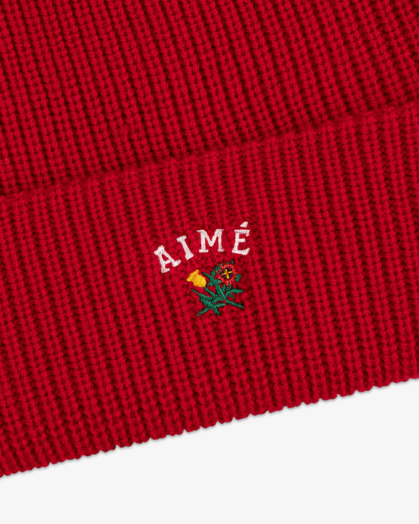 Crest Merino Wool Beanie: Red ribbed knit with AIMÉ and a small yellow and green embroidered flower.