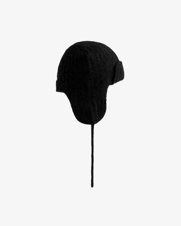 Black Alpaca Wool Knit Earflap Hat with a single hanging chin tie.