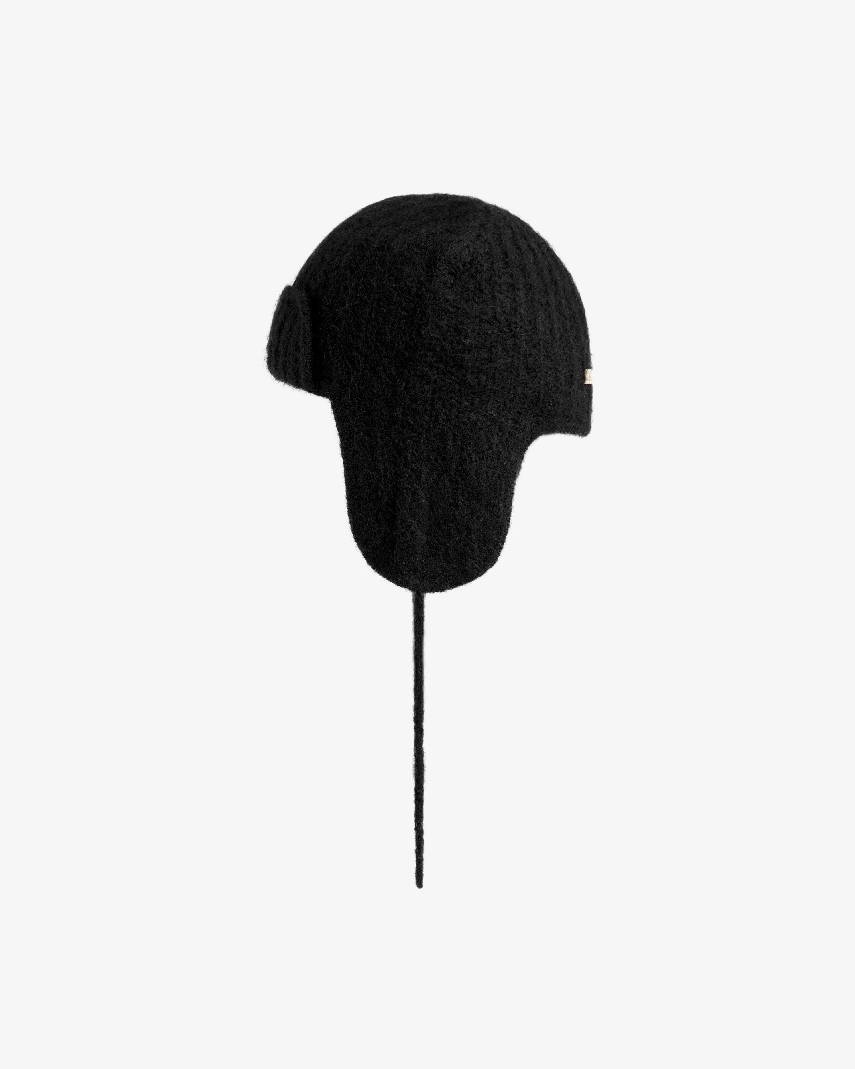 Black Alpaca Wool Knit Earflap hat with dangling chin ties.