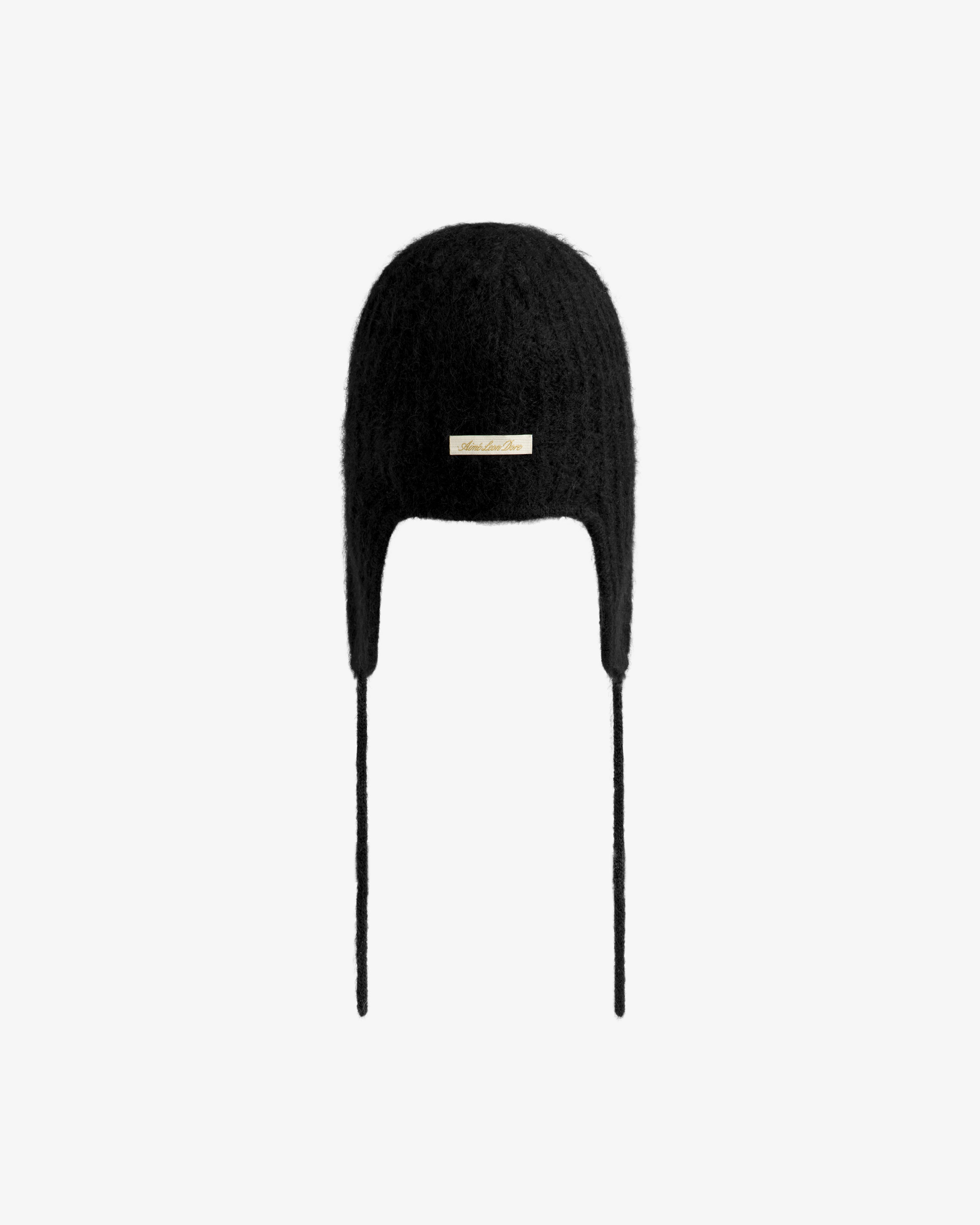 Black Alpaca Wool Knit Earflap hat with long ties and a small rectangular brand label on the front.