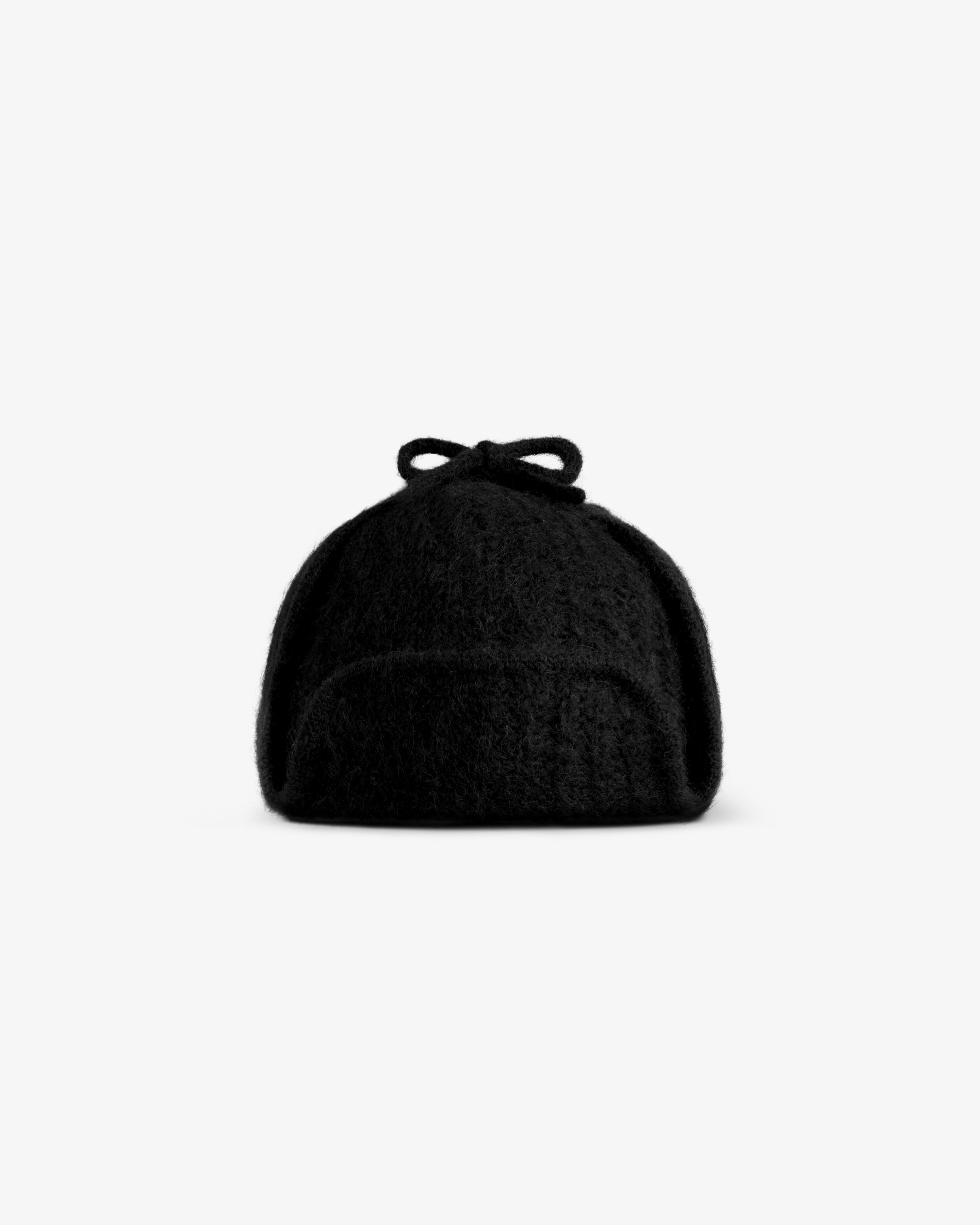 Black Alpaca Wool Knit Earflap Hat with a small bow detail on top.