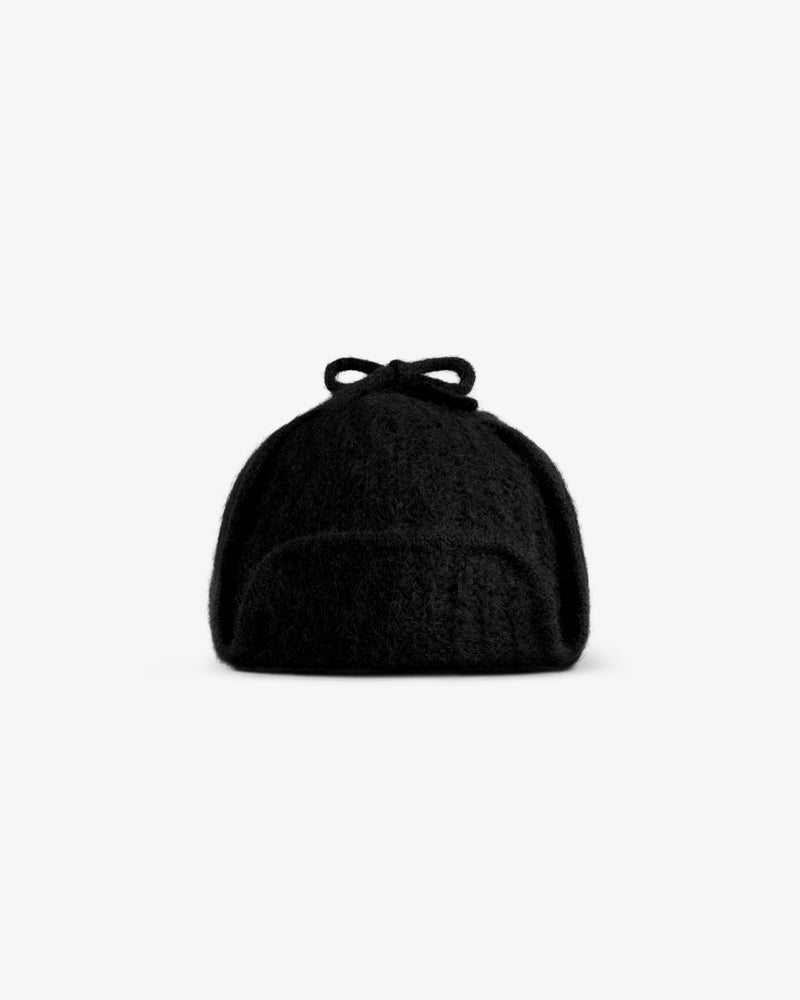 Black Alpaca Wool Knit Earflap Hat with a small bow detail on top.