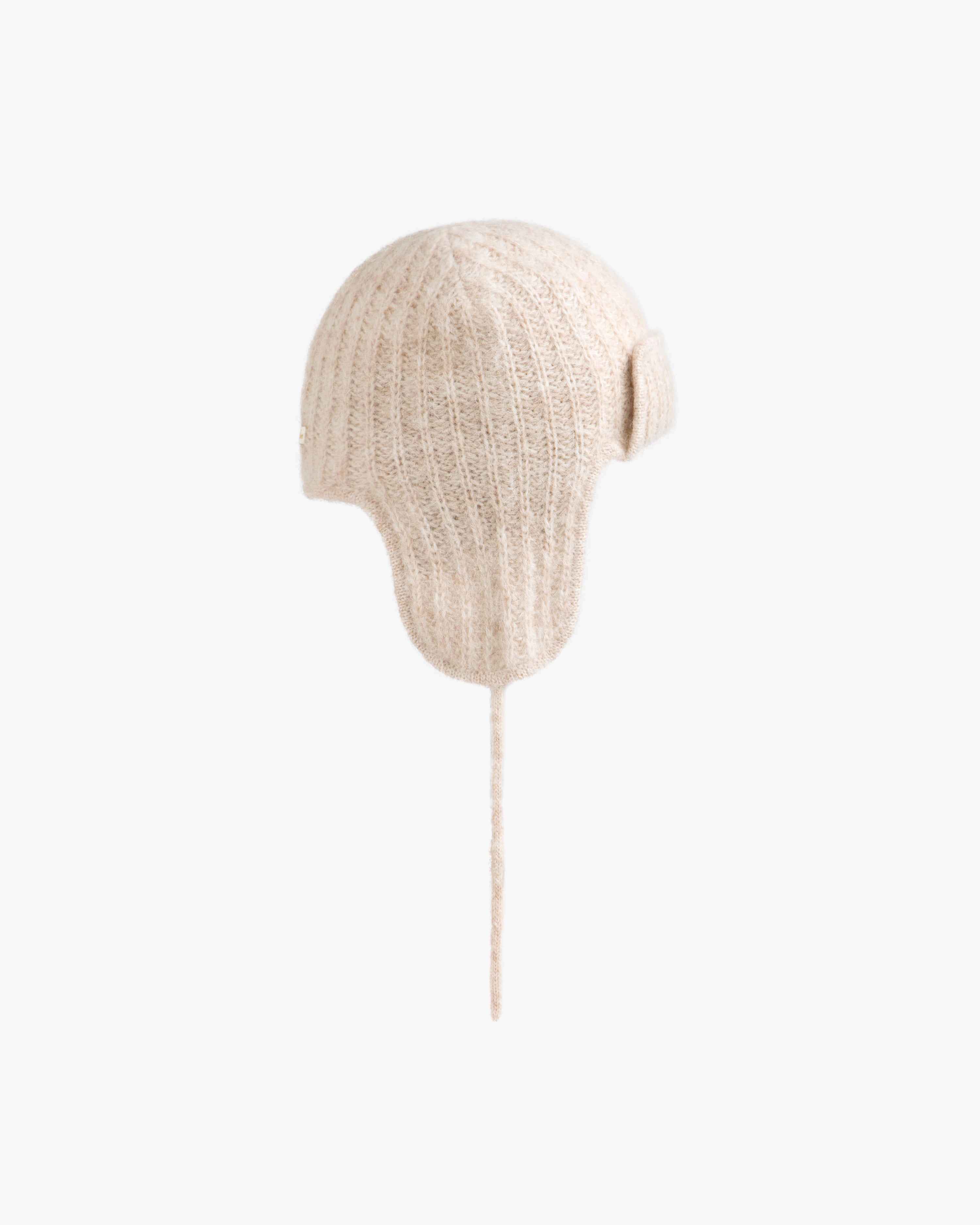 Beige ribbed knit Alpaca Wool Knit Earflap Hat with a single dangling chin tie.
