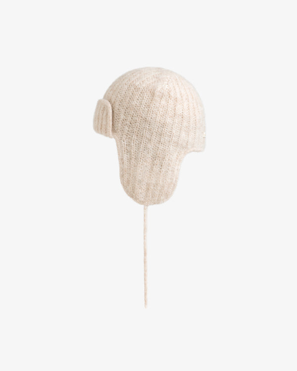 Beige ribbed Alpaca Wool Knit Earflap Hat with a single chin tie.