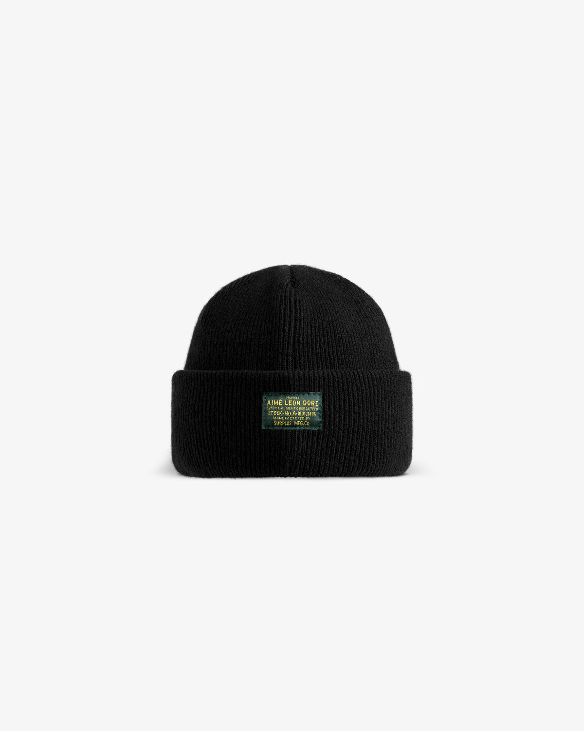Black ribbed Wool Brim Beanie with a rectangular patch featuring yellow text.
