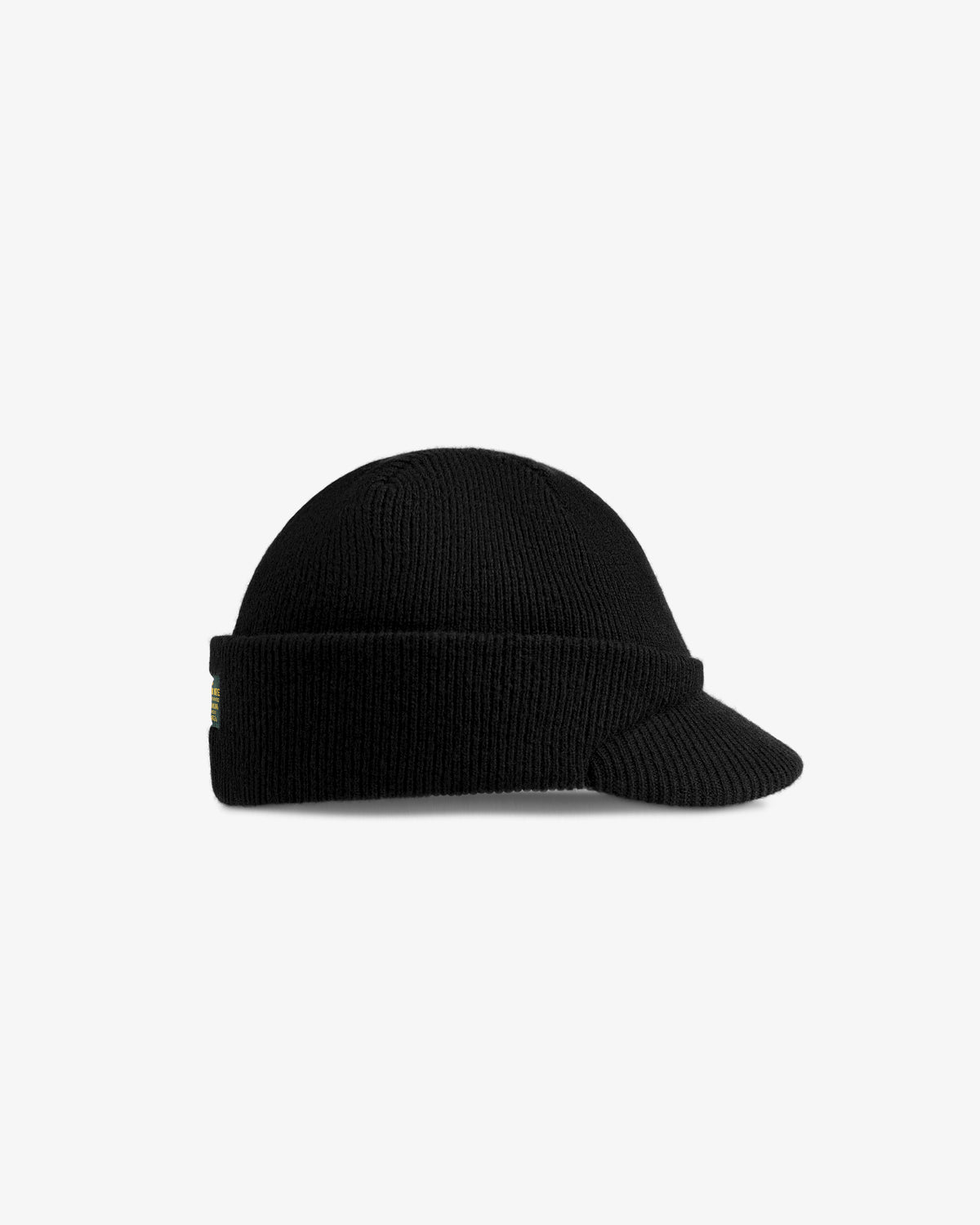Black Wool Brim Beanie with a short visor and a small logo tag on the side.