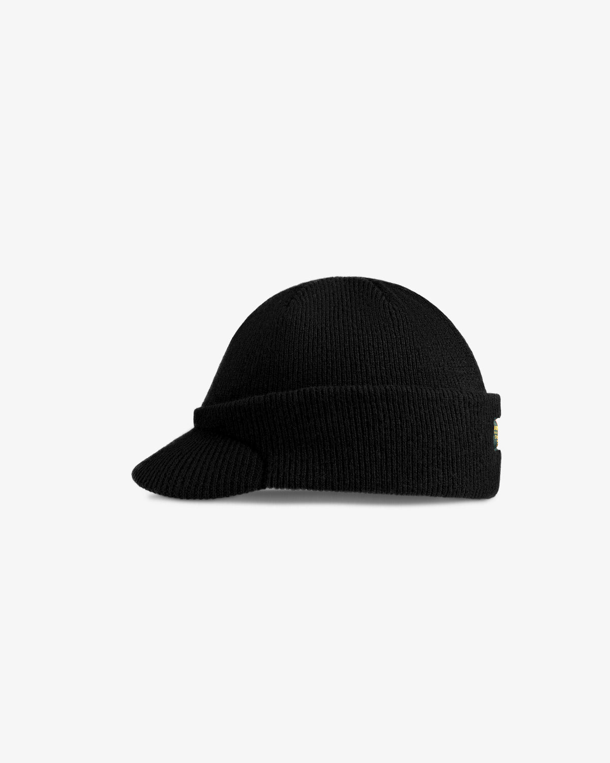 Black Wool Brim Beanie with a short brim.