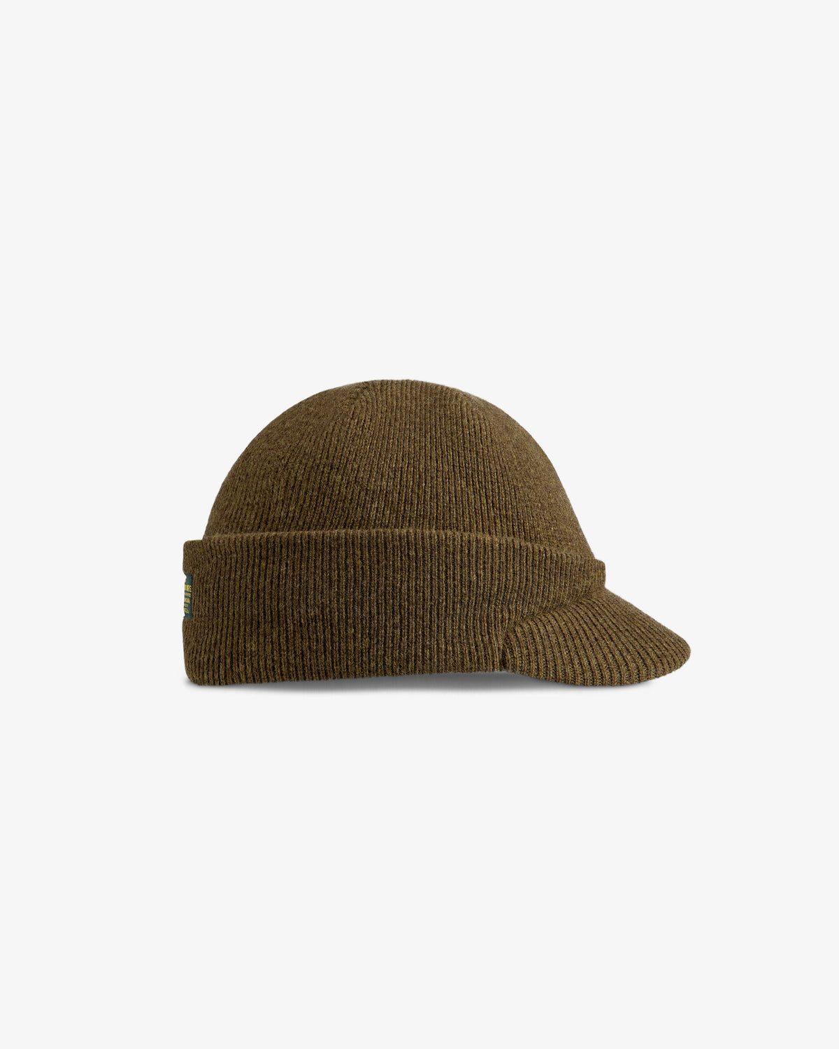 Wool Brim Beanie in olive green knit with a folded cuff and a short brim.