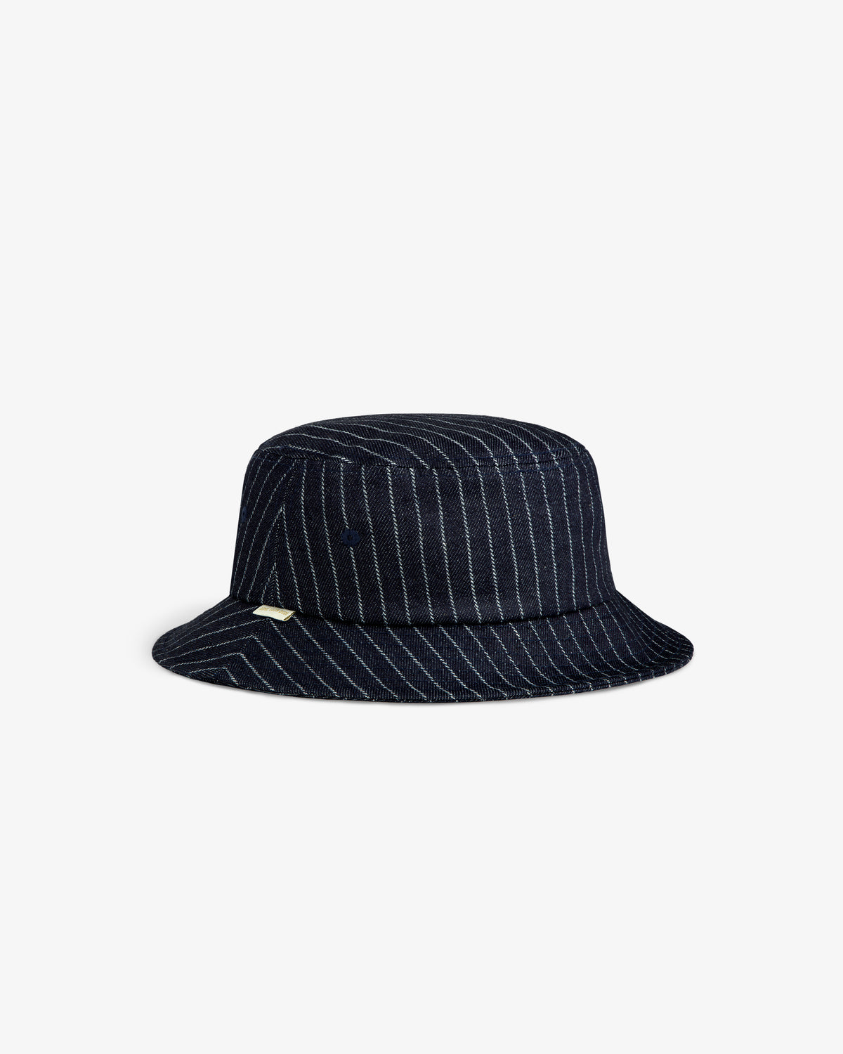 Chalk Stripe Bucket Hat in navy blue with white stripes, shown against a plain white background.