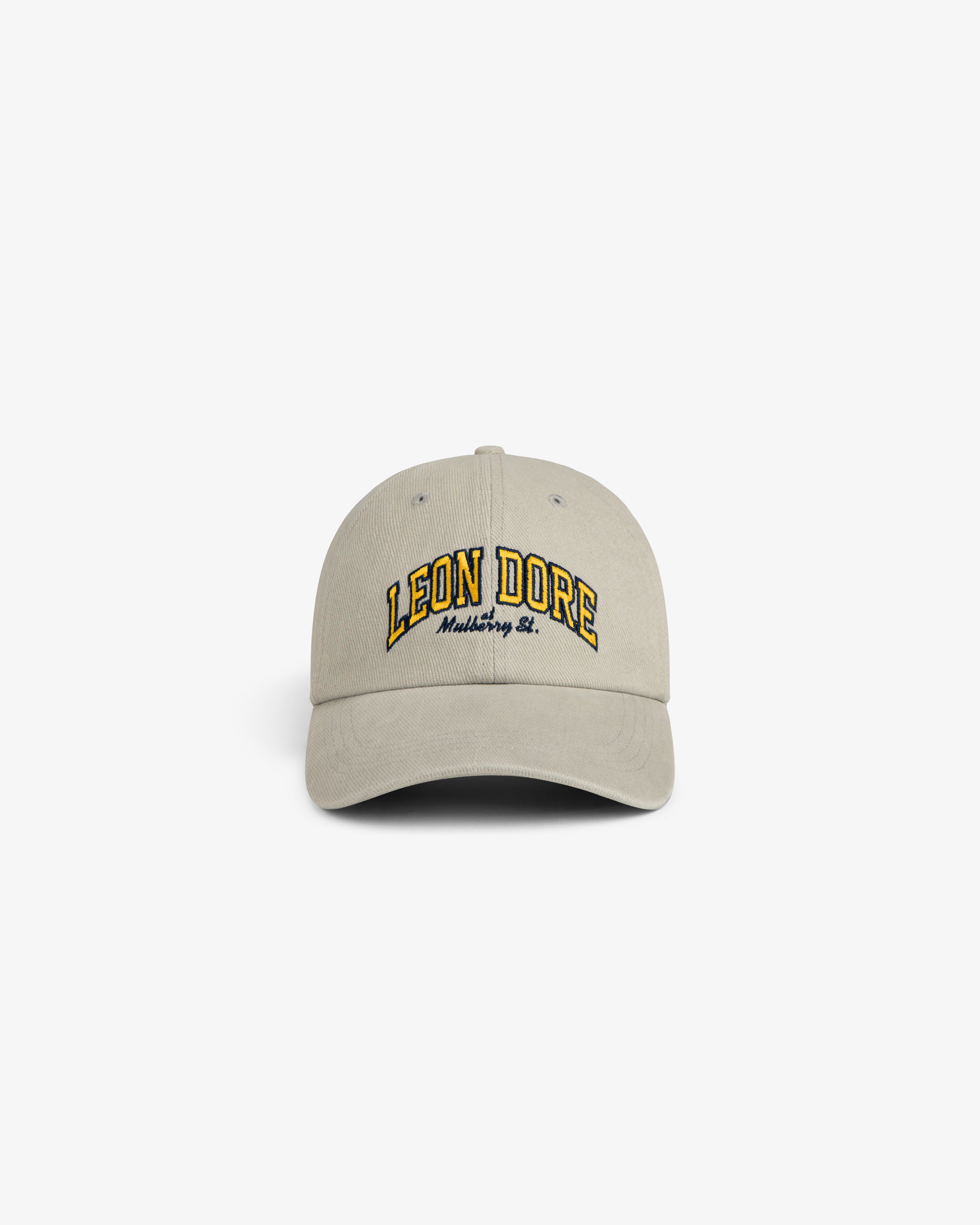 Mulberry Letterman Hat in beige with LEON DORE Marketing Co. yellow and black embroidery on the front.