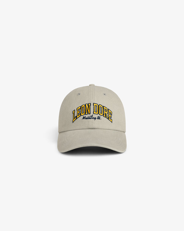 Mulberry Letterman Hat in beige with LEON DORE Marketing Co. yellow and black embroidery on the front.