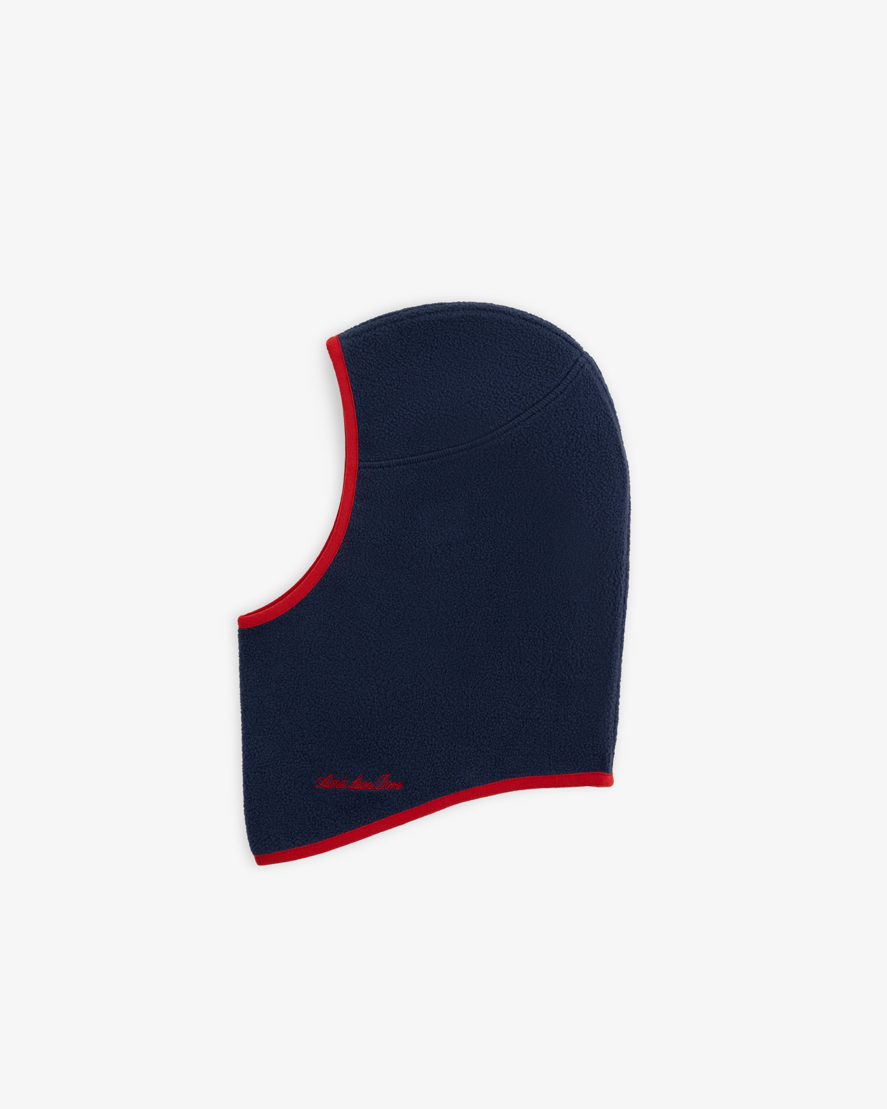 Navy blue Fleece Balaclava with red trim and red embroidery.
