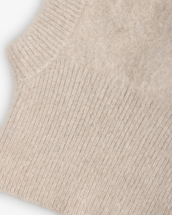 Beige fuzzy knit Fox Fur Hood with a ribbed collar.