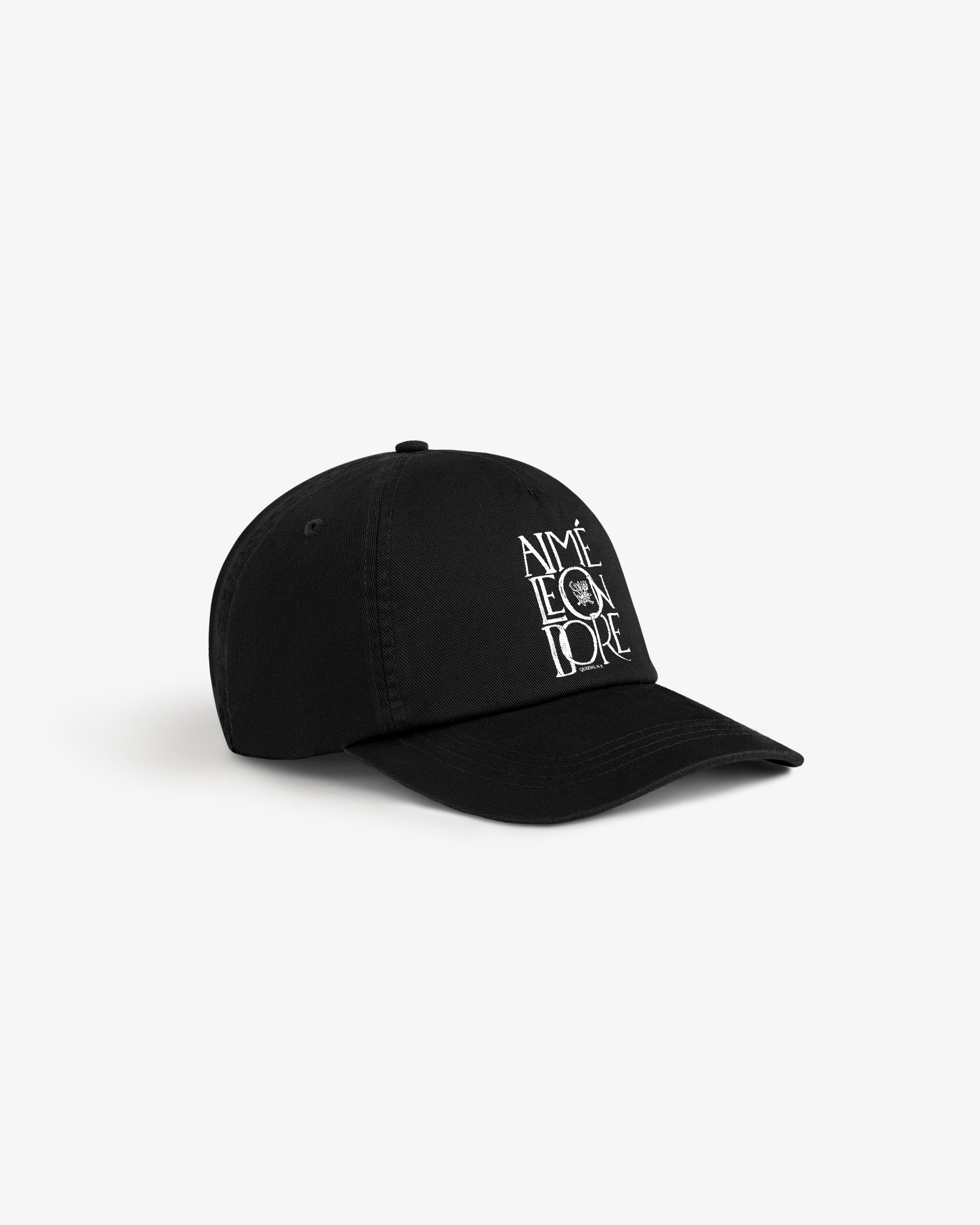 A black Stacked Logo Hat with AIMÉ LEON DORE and a circular white design embroidered on the front.