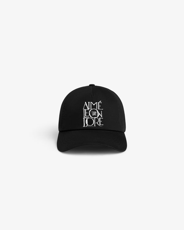 Stacked Logo Hat in black with white AIMÉ LEON DORE text, shown on a white background.