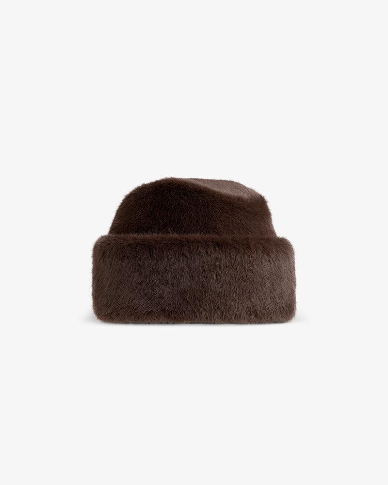 Dark brown faux fur Fur Envoy pillbox hat.
