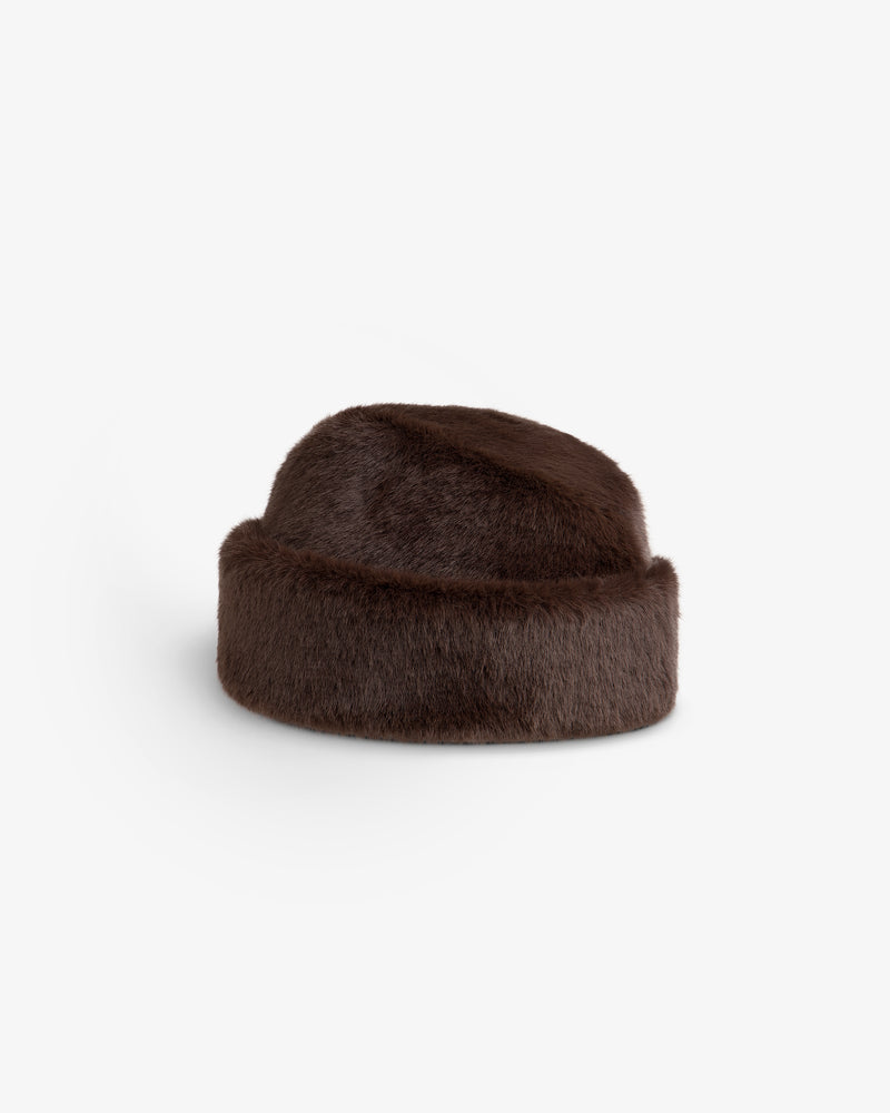 Dark brown fur Envoy Hat in a pillbox shape.