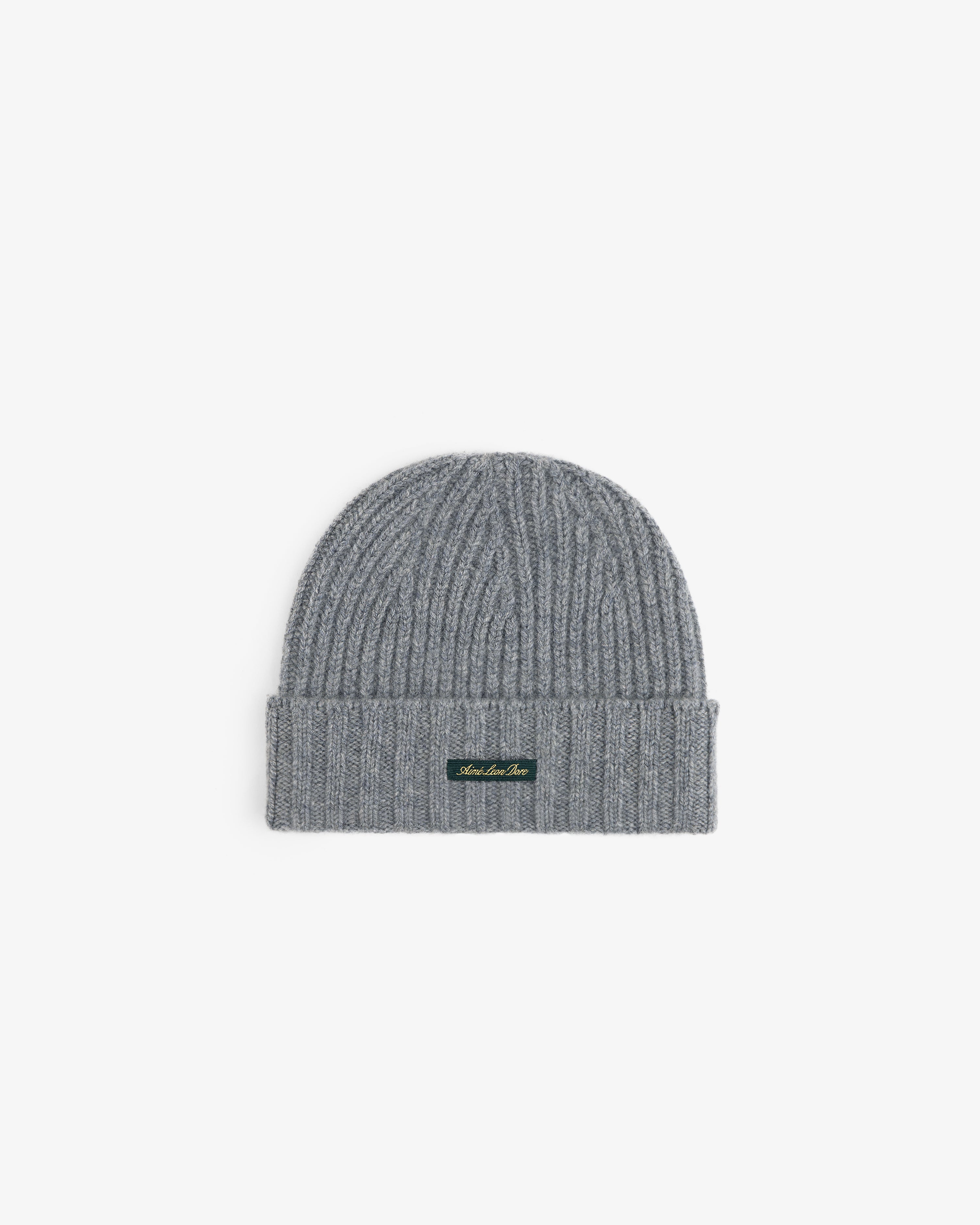 Gray ribbed Cashmere Beanie with a folded cuff and a small rectangular logo tag.