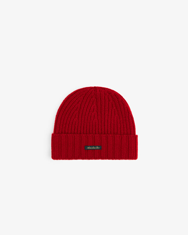 Ribbed red Cashmere Beanie with a folded cuff and a small rectangular logo tag.