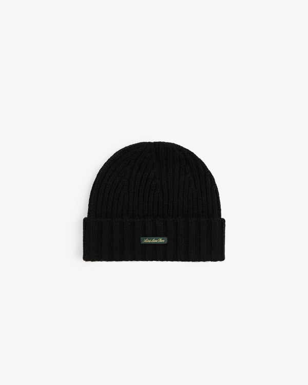 Black ribbed Cashmere Beanie with a folded cuff and a small rectangular logo tag.