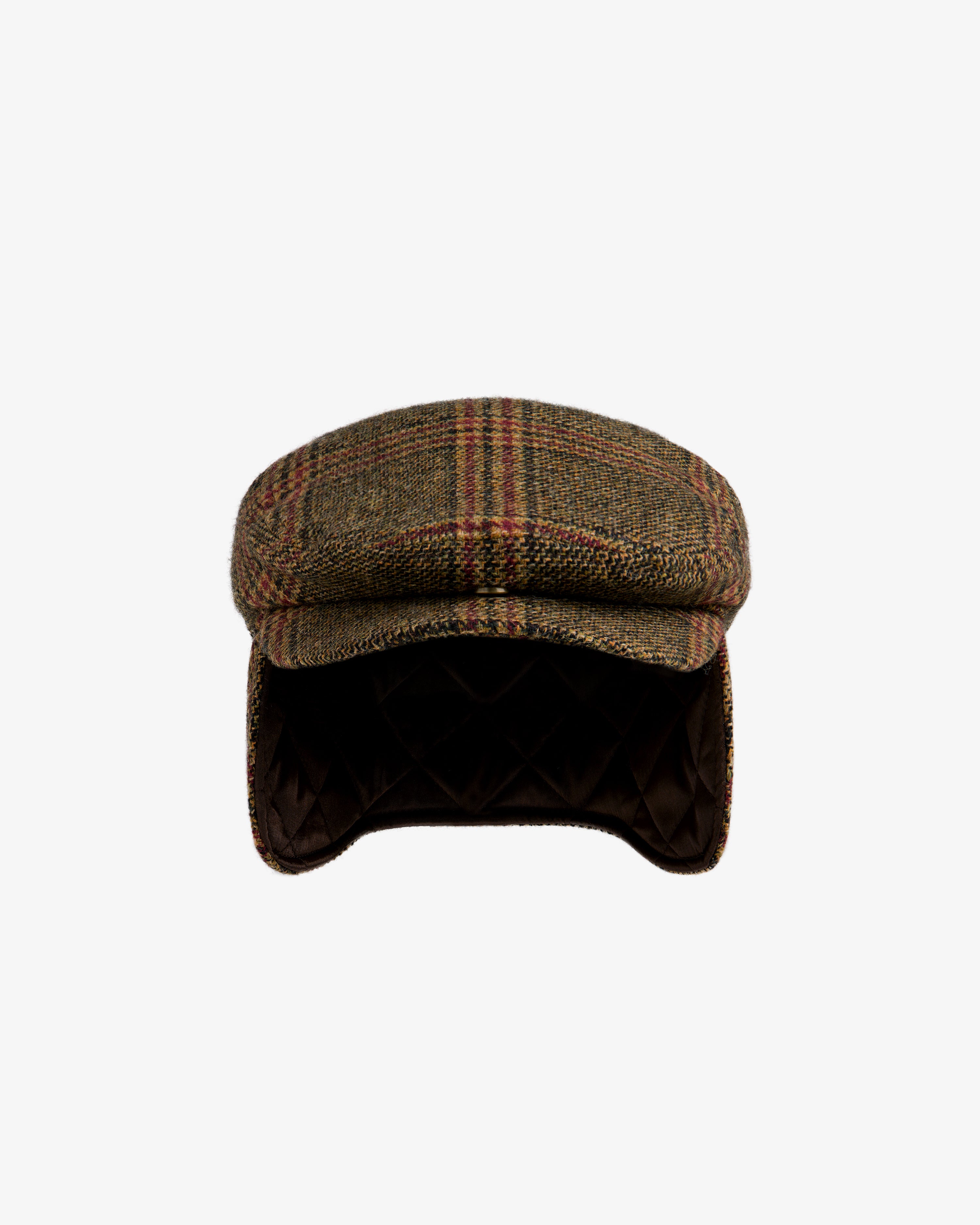 Plaid Tweed Driver’s Hat in brown with a quilted drop-down ear flap.