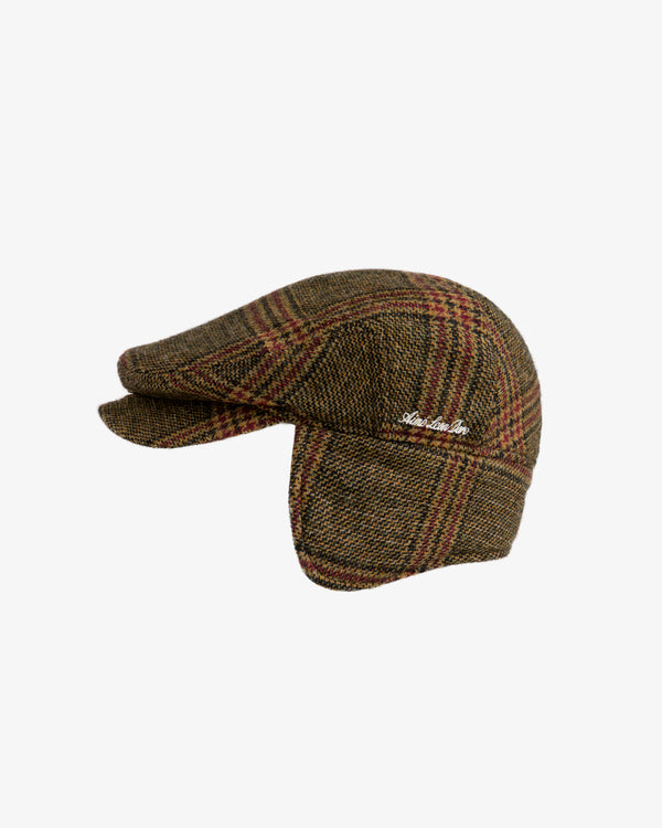 Brown and red Plaid Tweed Driver’s Hat with ear flaps.