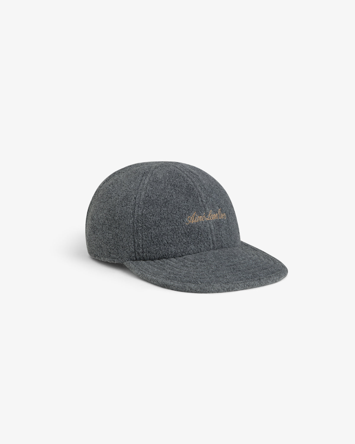 Script Fleece Hat, a grey fleece baseball cap with embroidered cursive text on the front panel.