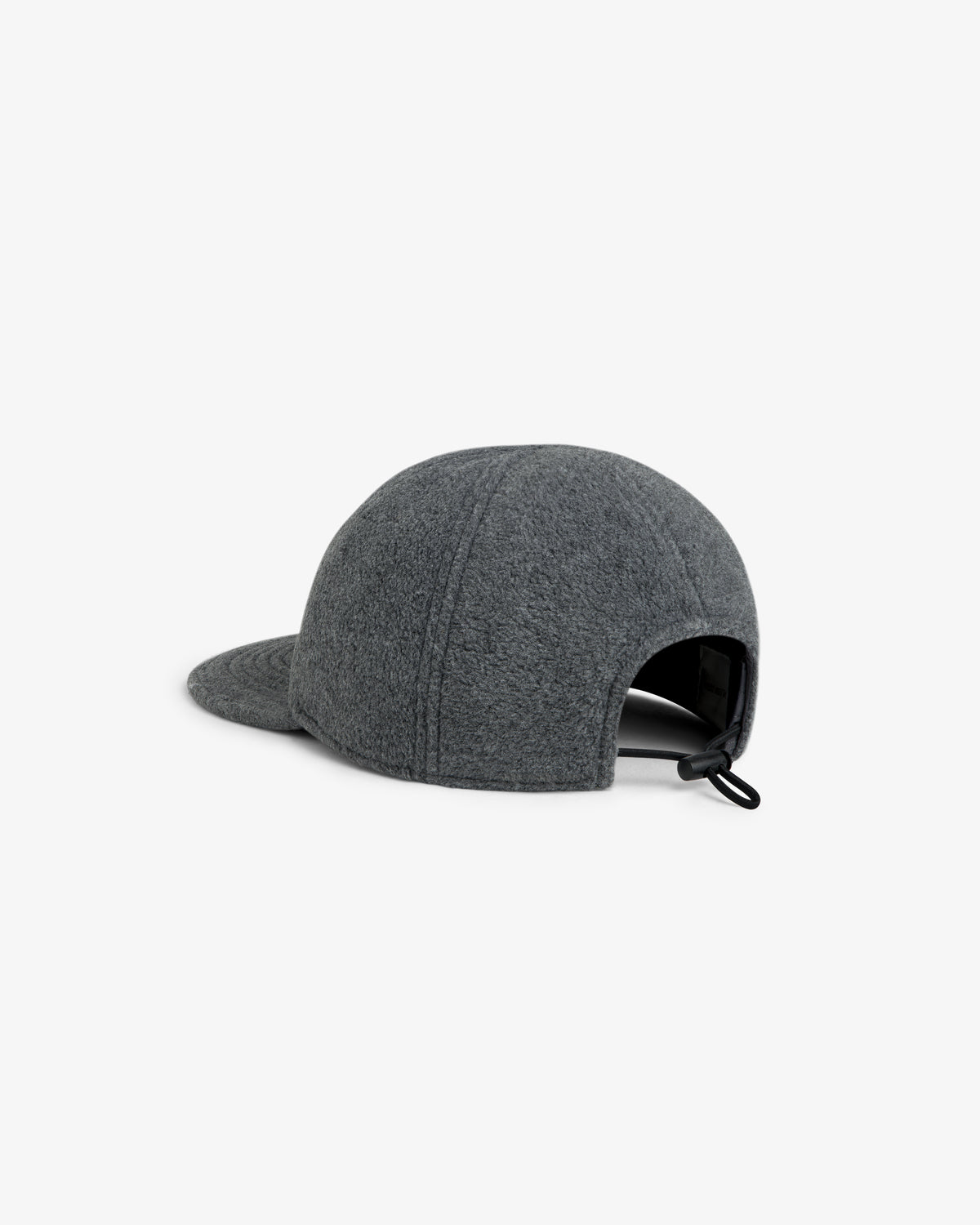 Gray Script Fleece Hat with an adjustable bungee cord at the back.