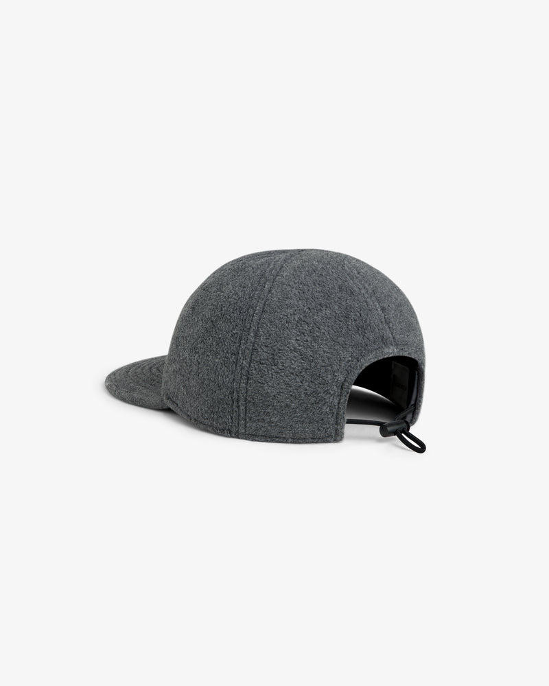 Gray Script Fleece Hat with an adjustable bungee cord at the back.