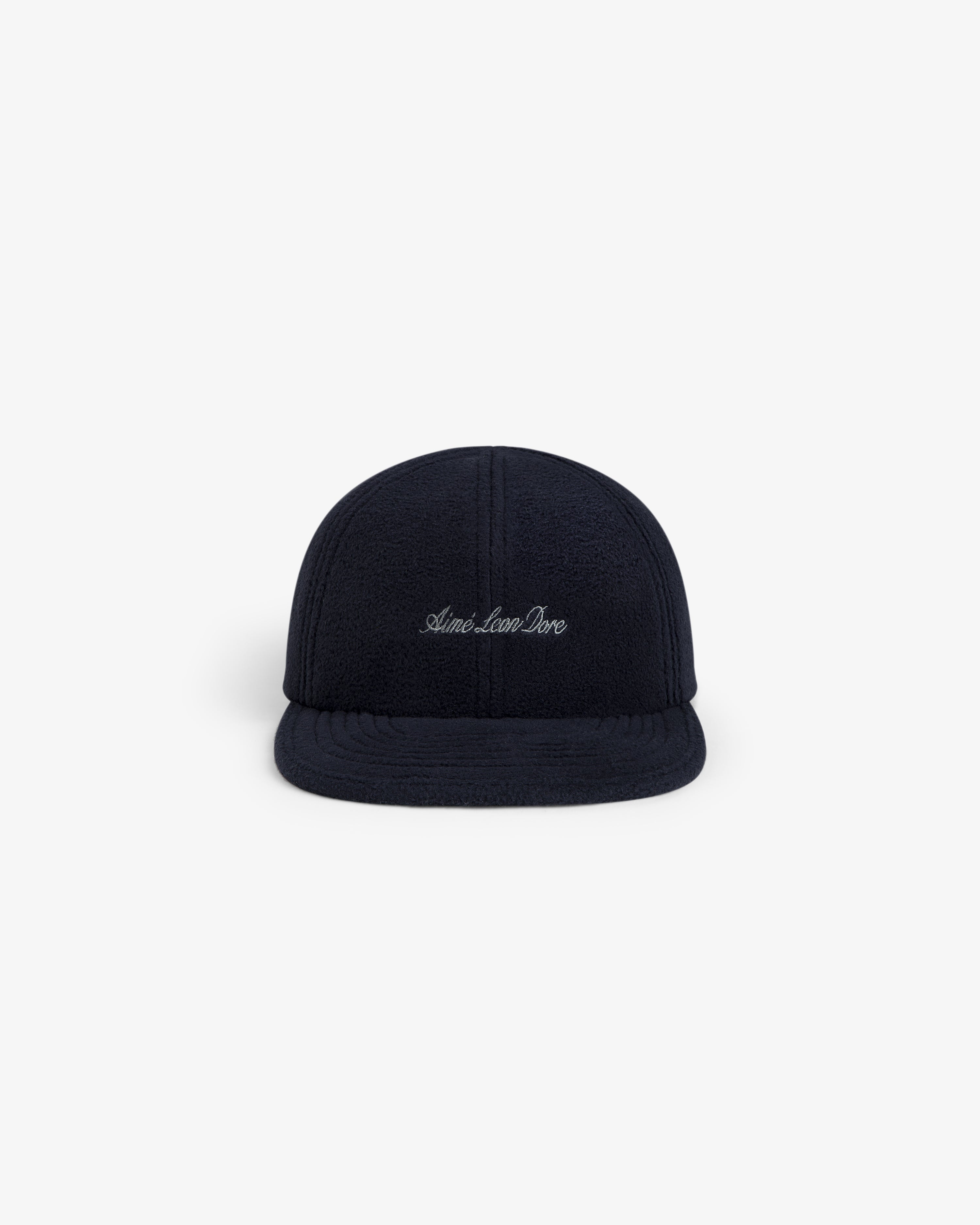 Navy blue Script Fleece Hat with embroidered script text on the front.