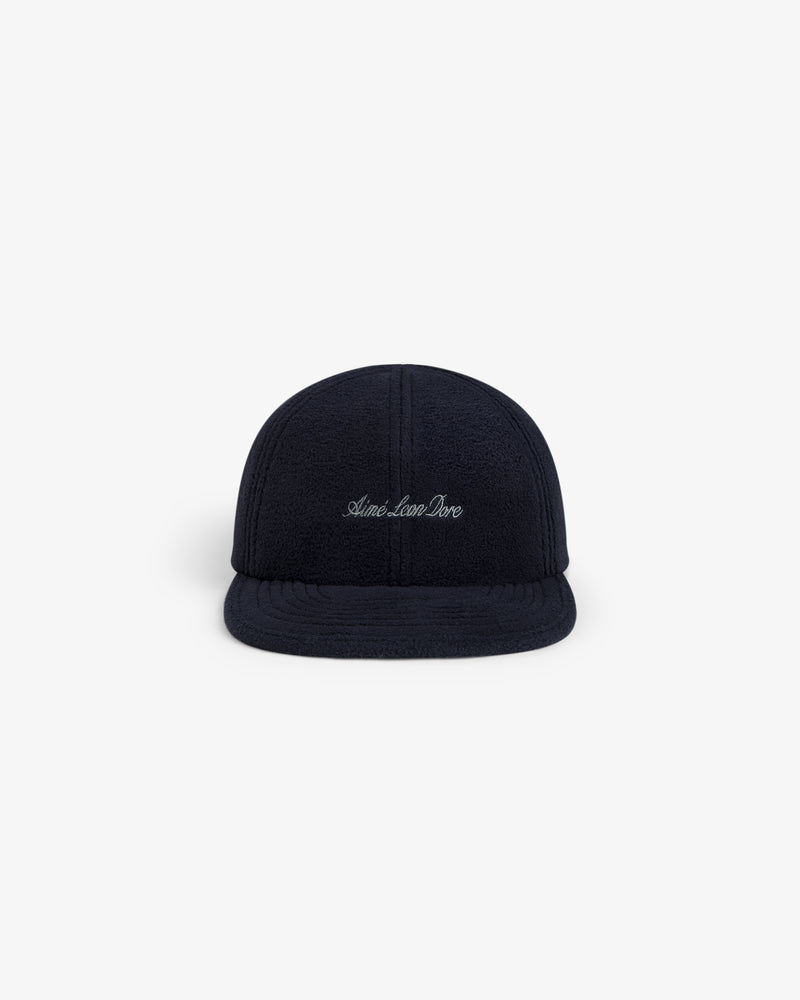 Navy blue Script Fleece Hat with embroidered script text on the front.