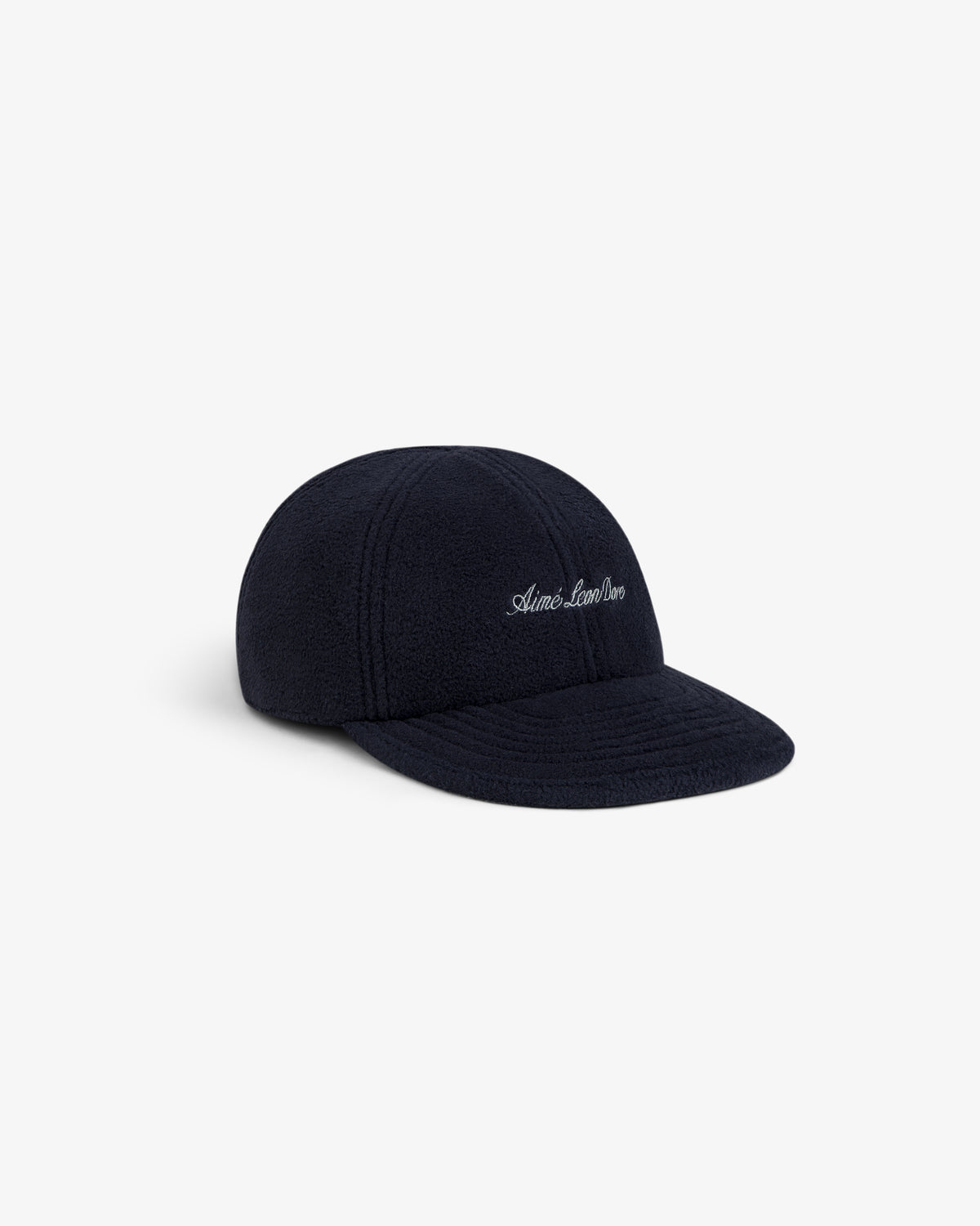 Navy blue Script Fleece Hat with white cursive embroidery on the front.