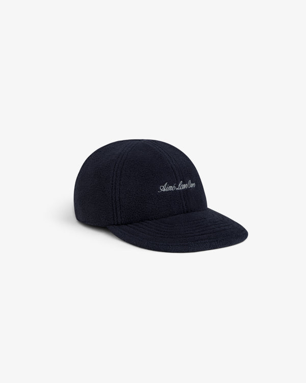 Navy blue Script Fleece Hat with white cursive embroidery on the front.