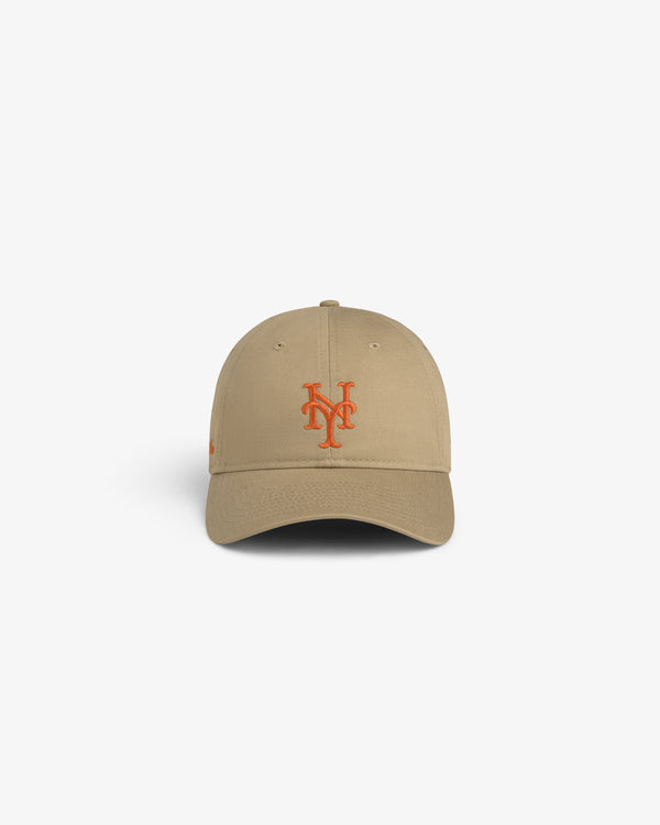 ALD / New Era Mets Ballpark Hat in beige with orange NY logo, shown on a plain white background.