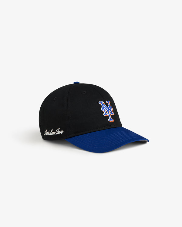 ALD / New Era Mets Ballpark Hat: Black cap, blue brim, NY logo front, white script on left side.