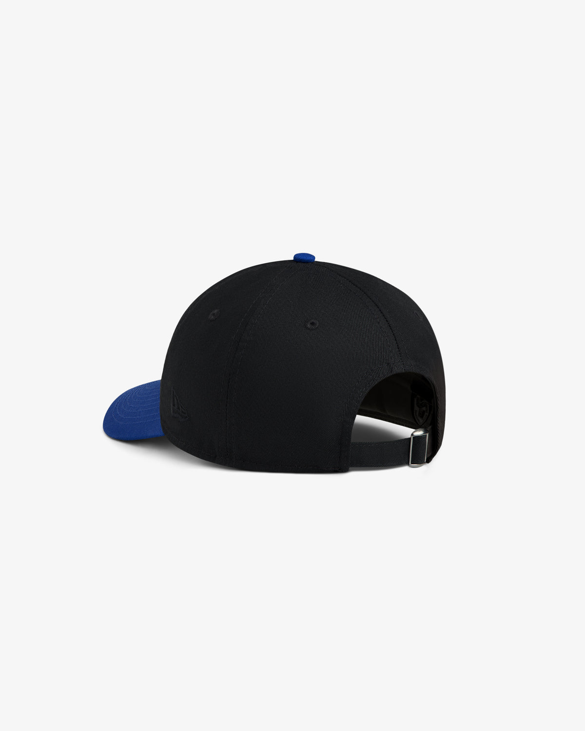 ALD / New Era Mets Ballpark Hat, black with blue brim, back view shows adjustable strap and metal clasp.