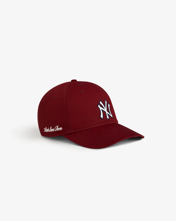 ALD / New Era Yankees Ballpark Hat: Maroon cap with white NY logo front and small white text on side.