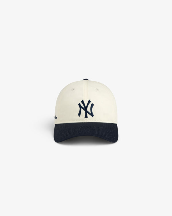 ALD / New Era Yankees Ballpark Hat: front view, white cap with black brim and black NY logo.
