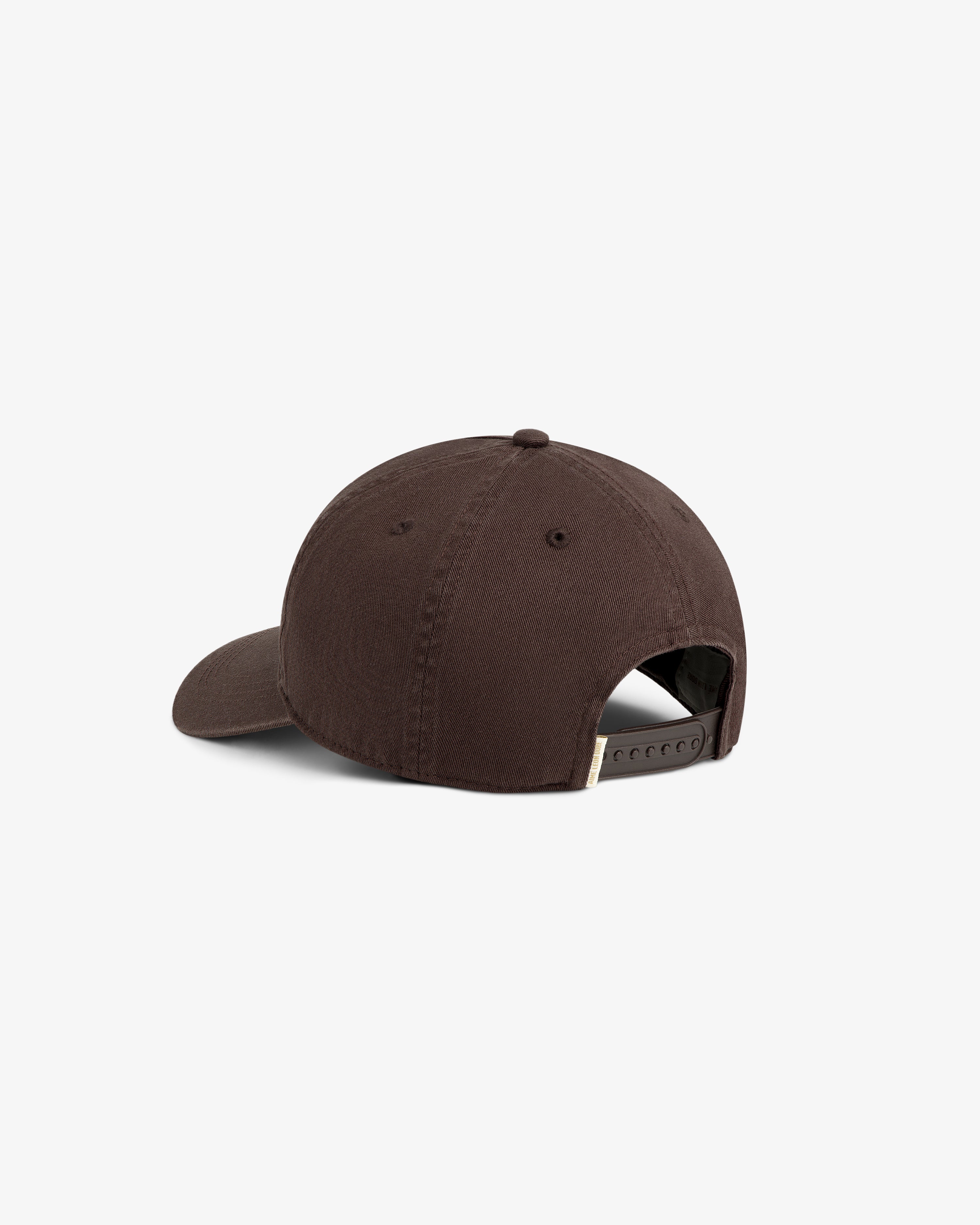 Micro Logo Hat in brown, shown from the back with an adjustable snapback closure.