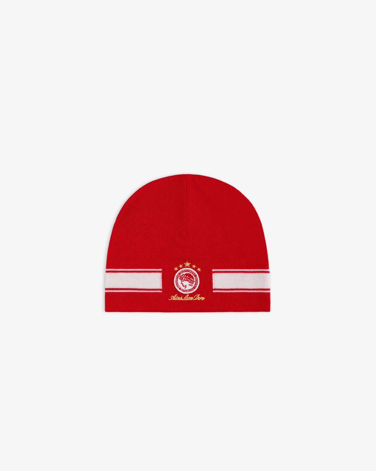 ALD / Olympiacos F.C. Stadium Beanie, a red beanie with a white horizontal stripe and a circular red and gold team emblem.