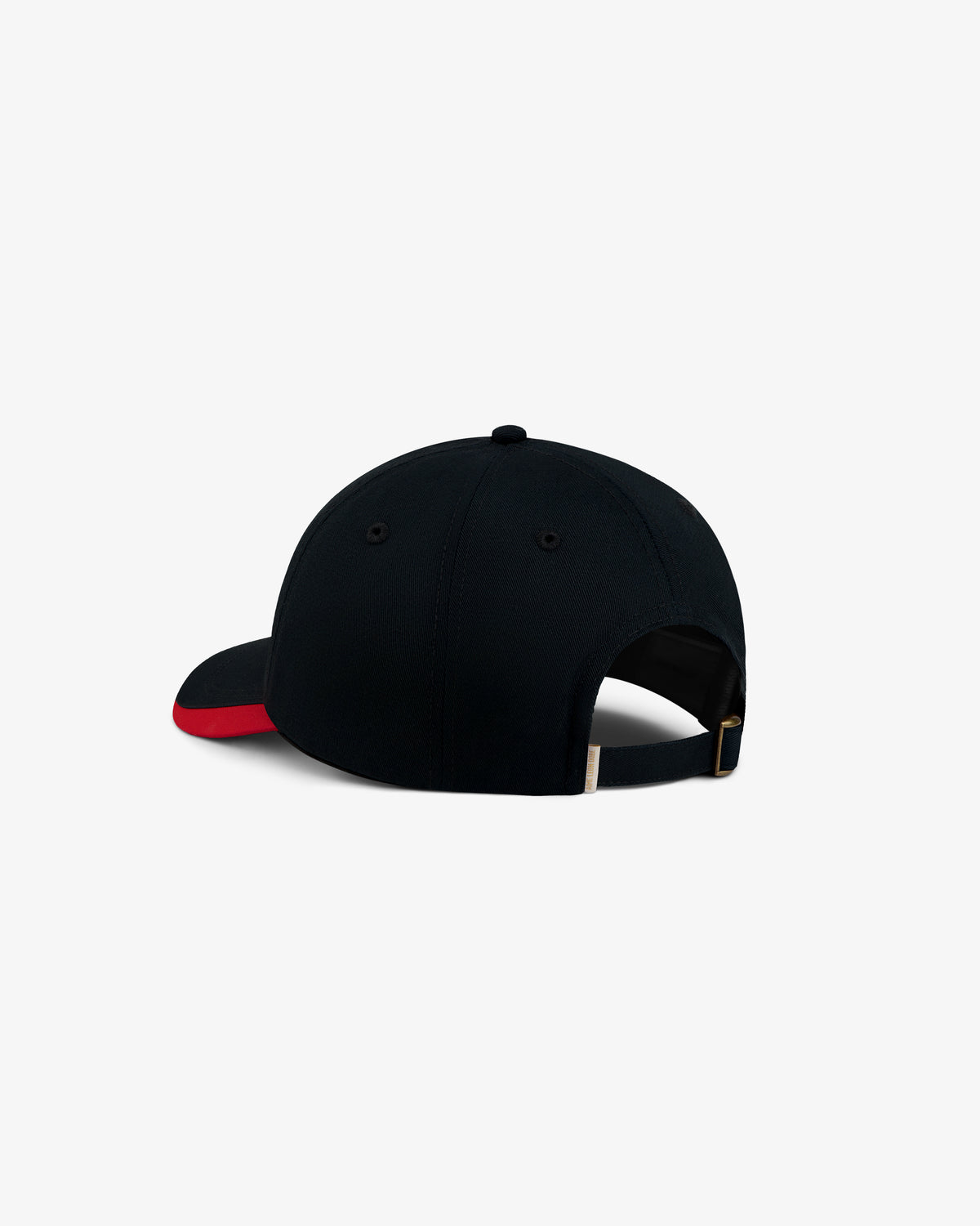 Black ALD / Olympiacos F.C. Souvenir Hat with a red accent on the brim and an adjustable metal back strap.
